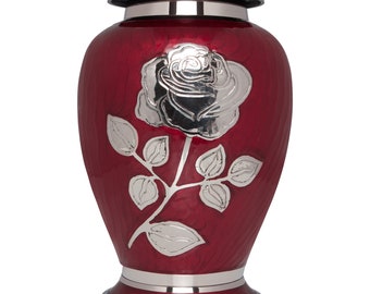 Silver Rose Cremation Urn - Funeral Urn with Large Flower on Red Enamel - Burial Urn for Human Ashes Adult Size - 100% Brass