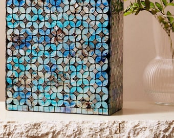 Blue Glass Mosaic Cremation Urn - Niche Square Size Hand Made Funeral Urn for Human Ashes - Large Size Burial Urn - 200 cu in