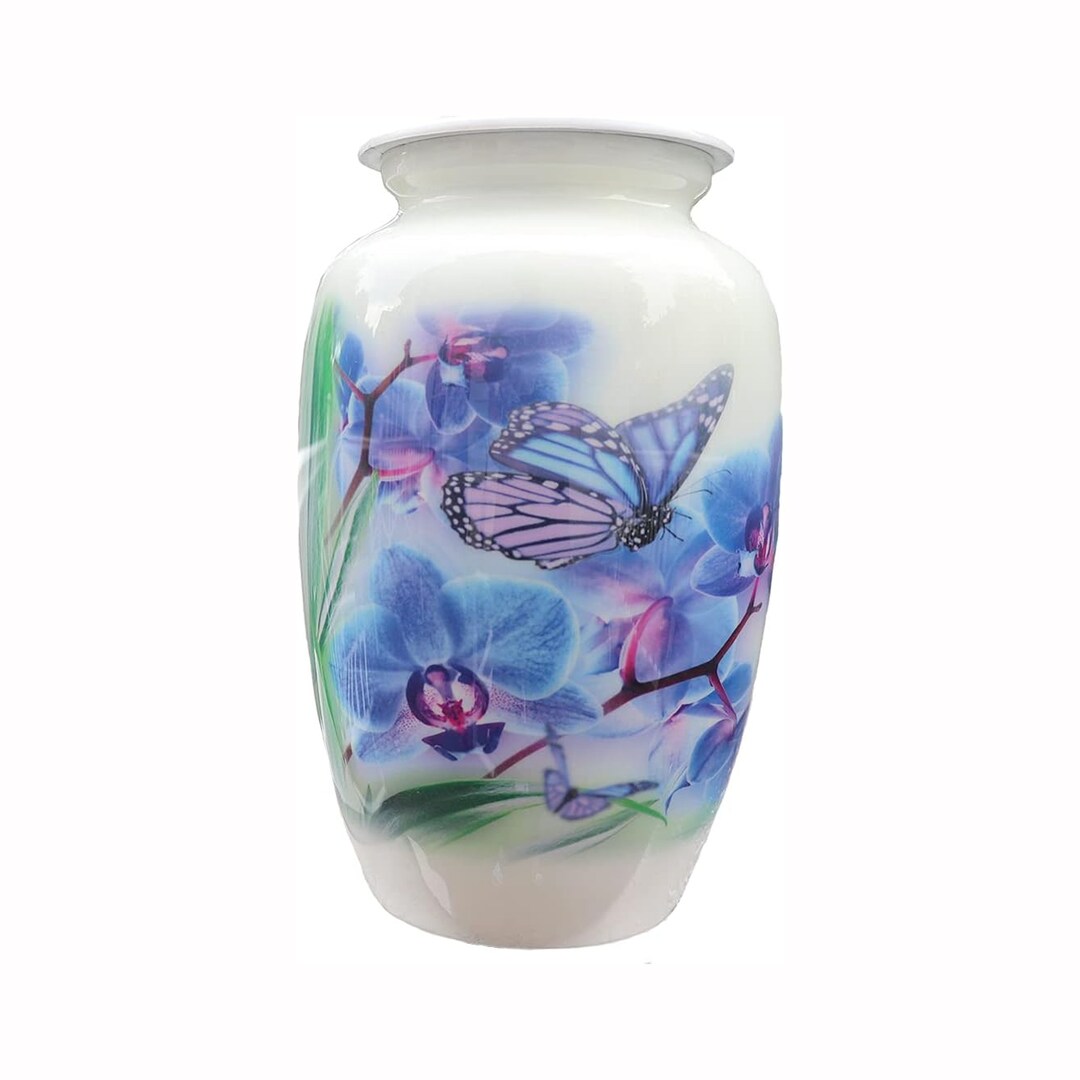 Violet Butterflies Cremation Urn - Purple & White Funeral Urn For Ashes, 200 Cubic Inch Capacity, Adult Size