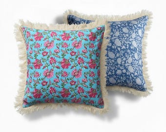 Juego de 3 fundas de almohada de algodón con estampado floral indio y flecos.
