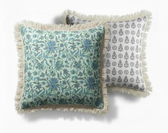 Fundas de almohada de algodón con estampado floral indio y flecos