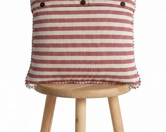 Juego de 2 fundas de almohada de algodón tejidas a mano – Rayas rojas y crema, con flecos reversibles.