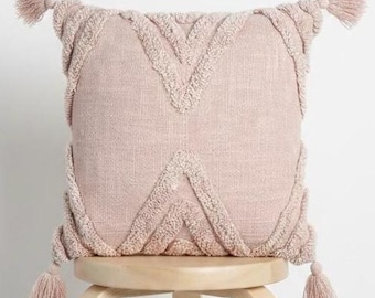 Funda de cojín boho con mechones en rosa pastel (45 x 45 cm), funda de almohada de algodón texturizado con borlas