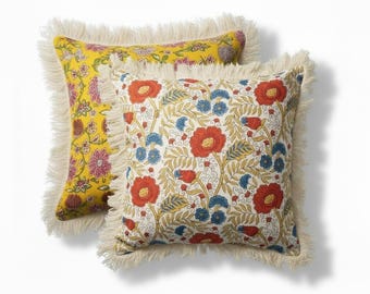 Juego de 4 fundas de almohada de algodón con estampado floral indio – Diseño reversible con flecos