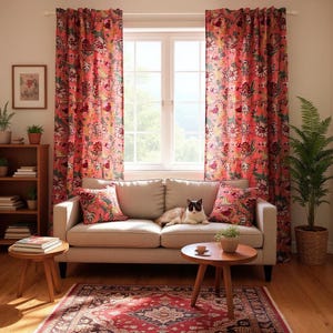 Hand Block Print Cotton Curtains | Floral Pink Botanical Window Drapes (Back Tab)