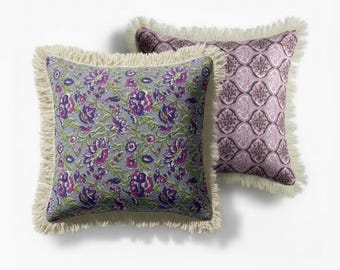 Juego de 3 fundas de almohada de algodón con estampado floral indio y flecos.