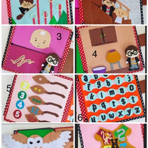 May include: A felt book for children featuring Harry Potter characters and scenes. The book has eight pages with different activities, including counting, matching, and alphabet recognition. The pages are decorated with colorful felt and fabric.