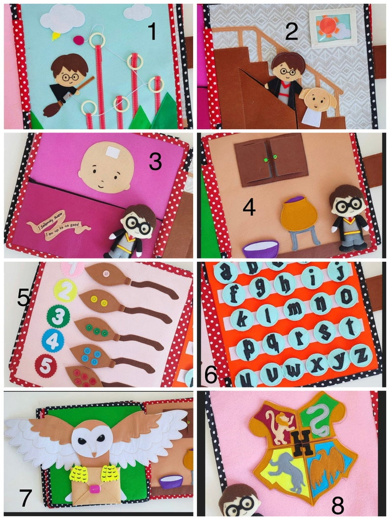 May include: A felt book for children featuring Harry Potter characters and scenes. The book has eight pages with different activities, including counting, matching, and alphabet recognition. The pages are decorated with colorful felt and fabric.