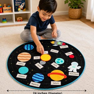 May include: A circular black felt solar system play mat with a 24-inch diameter, featuring removable fabric planets, a rocket, and an astronaut. Each piece is labeled with text including Sun, Mercury, Venus, Earth, Mars, Jupiter, Saturn, Uranus, and Neptune.