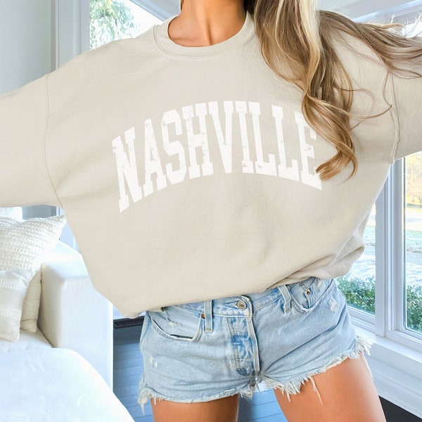 Nashville Sweatshirt White Distressed Lettering Vintage Aesthetic Style Trendy Country Apparel Nashville Girls Trip Nashville Pullover