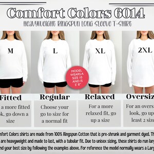 Może przedstawiać: Białe koszulki z długim rękawem Comfort Colors w rozmiarach M, L, XL i 2XL. Obraz zawiera wskaz&oacute;wki dotyczące rozmiar&oacute;w: Dopasowany, Regularny, Luźny i Oversized. Modelka nosi rozmiar 10 i ma 173 cm wzrostu. Koszulki są wykonane w 100% z bawełny Ringspun.