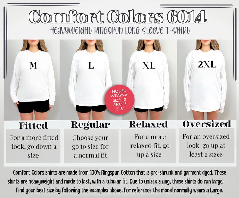 Może przedstawiać: Białe koszulki z długim rękawem Comfort Colors w rozmiarach M, L, XL i 2XL. Obraz zawiera wskaz&oacute;wki dotyczące rozmiar&oacute;w: Dopasowany, Regularny, Luźny i Oversized. Modelka nosi rozmiar 10 i ma 173 cm wzrostu. Koszulki są wykonane w 100% z bawełny Ringspun.