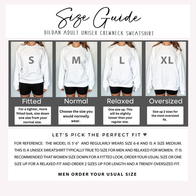 Puede incluir: Gu&iacute;a de tallas para una sudadera con cuello redondo unisex. La gu&iacute;a muestra cuatro tallas diferentes: S, M, L y XL. Cada talla est&aacute; representada por un modelo que lleva la sudadera. La gu&iacute;a tambi&eacute;n incluye informaci&oacute;n sobre el ajuste de cada talla, como ajustado, normal, holgado y de gran tama&ntilde;o.