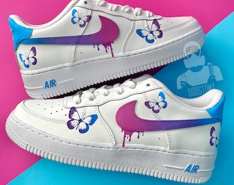 Custom Air Force 1 Butterfly-schoenen | Paars Blauw | Cartoon AF1 | Kleurdruppel