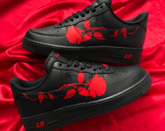 Custom Air Force 1 Black Sneakers | Hand-Painted Red Rose AF1
