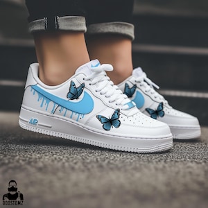 Custom Air Force 1 Blue Drips n&#39; Butterfly Shoes | Hand Painted AF1 Custom Sneakers | Nike Custom Shoes | Personalized Gifts for Her