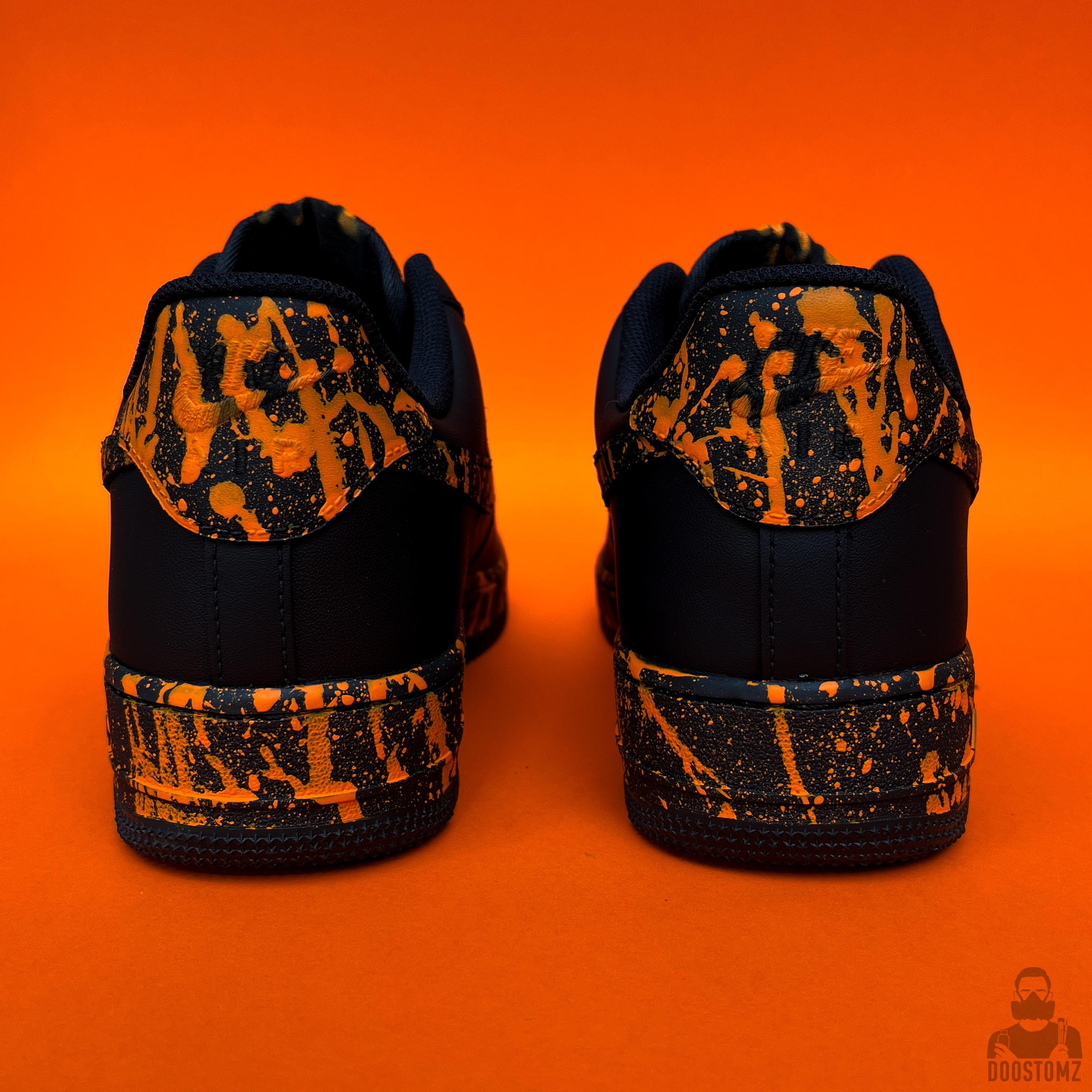 Custom Air Force 1 Black With Orange Paint Splatter | Hand Painted