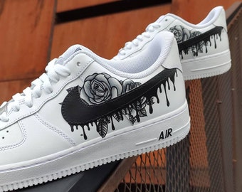 Air Force 1 Custom Rose Black Drips, personalized gifts for her ,nike custom kicks, hand painted sneakers, woman custom shoes