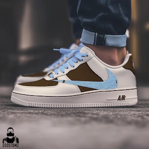 Chaussures Nike Air Force 1 Coffee & Jeans personnalisées marron | Peint à la main | AF1 personnalisé | Baskets en jean | Chaussures personnalisées Nike | Cadeaux personnalisés