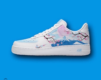 Custom Air Force 1-sneakers | Handgeschilderde kersenbloesem, Fuji-ontwerp