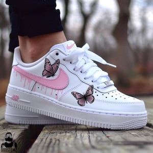 Custom Air Force 1 Pink Drips n&#39; Butterfly Shoes | Nike Custom Sneakers | Personalized Valentines Gifts for Her | Dripping Custom Shoes