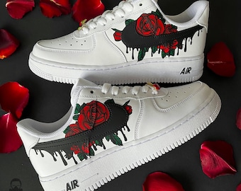 Custom Air Force 1 Red Rose with Black Drip Sneakers, Nike Hand Painted Custom Shoes for Her