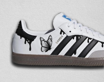 Adidas Samba Custom Sneakers – Hand Painted Butterfly Shoes, Black Drip Design, Unique Custom Sneakers
