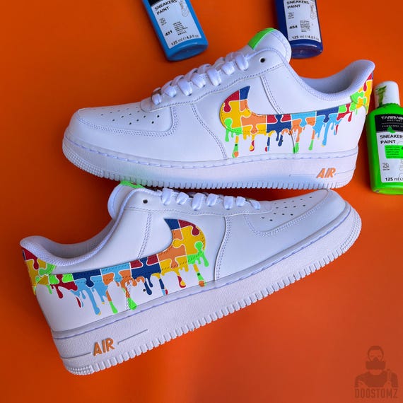 Custom Air Force 1 Sneakers | Autism Awareness Puzzle Drip Shoes