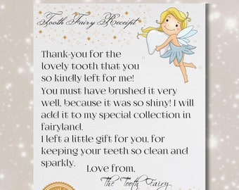 Carta del Hada de los Dientes, Nota del Hada de los Dientes, Imprimible del Hada de los Dientes, Recibo del Hada de los Dientes, Primer Diente, Regalo del Hada de los Dientes, Descarga Digital Imprimible