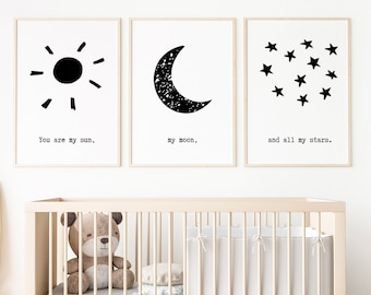 Moon and Stars, Nursery Wall Art, Digital Download, Set of 3, Black and White Printable Wall Art for Baby Room, Playroom Decor