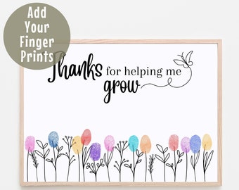 Teacher Appreciation Gift Keepsake Fingerprint Art Craft Template, Wildflower Teacher Thank You Gift, Thanks for Helping Me Grow