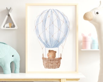 Hot Air Balloon Printable Wall Art, Blue Hot Air Balloon Watercolor Art, Travel Decor, Nursery Decor Boy