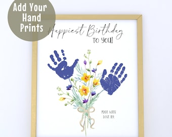 May include: A white card with a blue watercolor floral bouquet with two blue handprints. The card says "Happiest Birthday To You!" and "Made with Love By:"