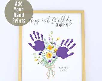 May include: A white printable card with the text "Happiest Birthday Grandma!" and a watercolor illustration of a bouquet of purple, yellow, and green flowers. Two purple handprints are placed on the card, one on each side of the bouquet. The text "Made with love by:" is at the bottom of the card.
