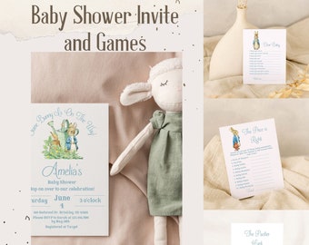 Beatrix Potter Baby Shower Invitation, 6 Editable Peter Rabbit Baby Shower Games Canva Template, Customizable Invitation, Baby Shower Bundle