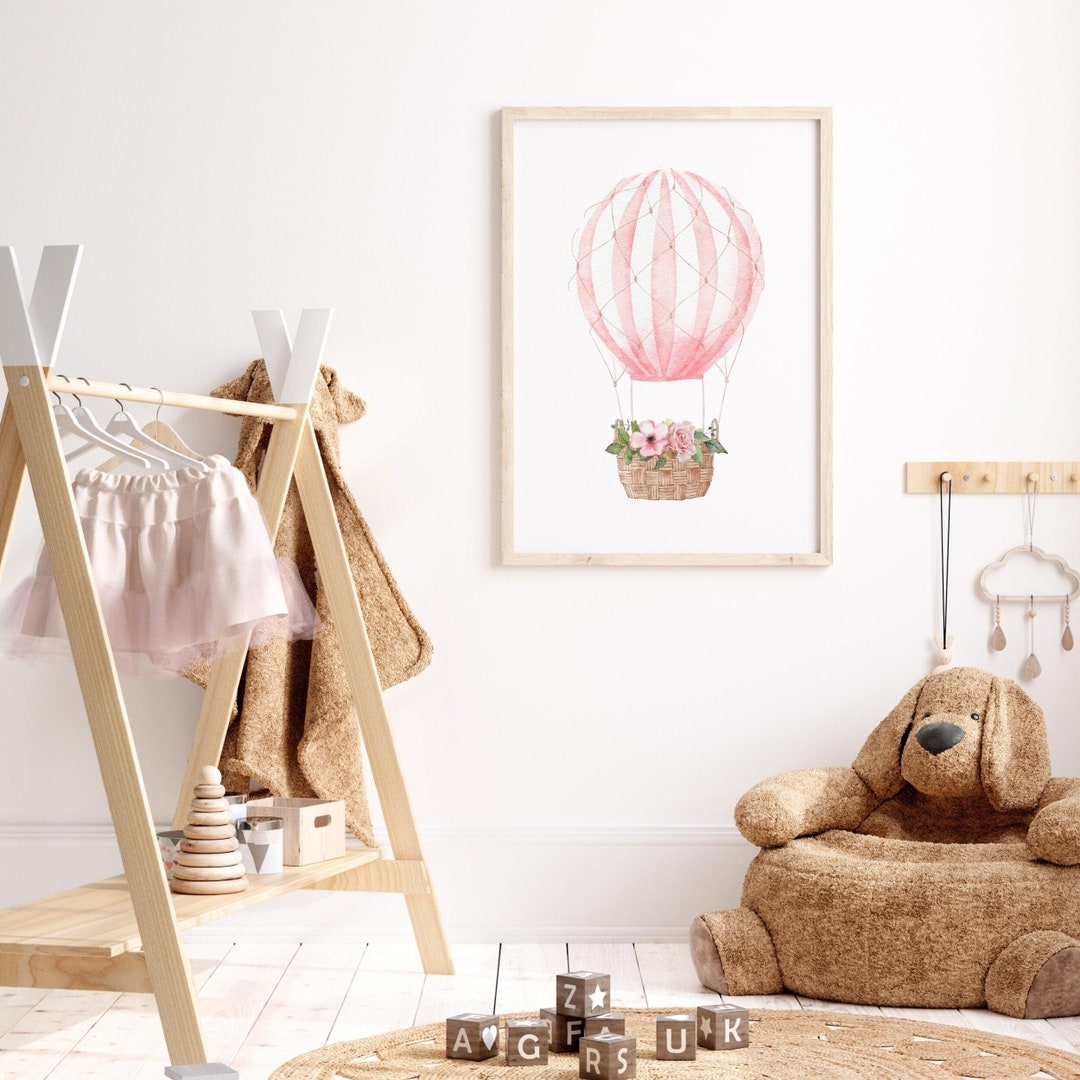 Pink Floral Hot Air Balloon Printable Nursery Wall Art, Watercolor ...