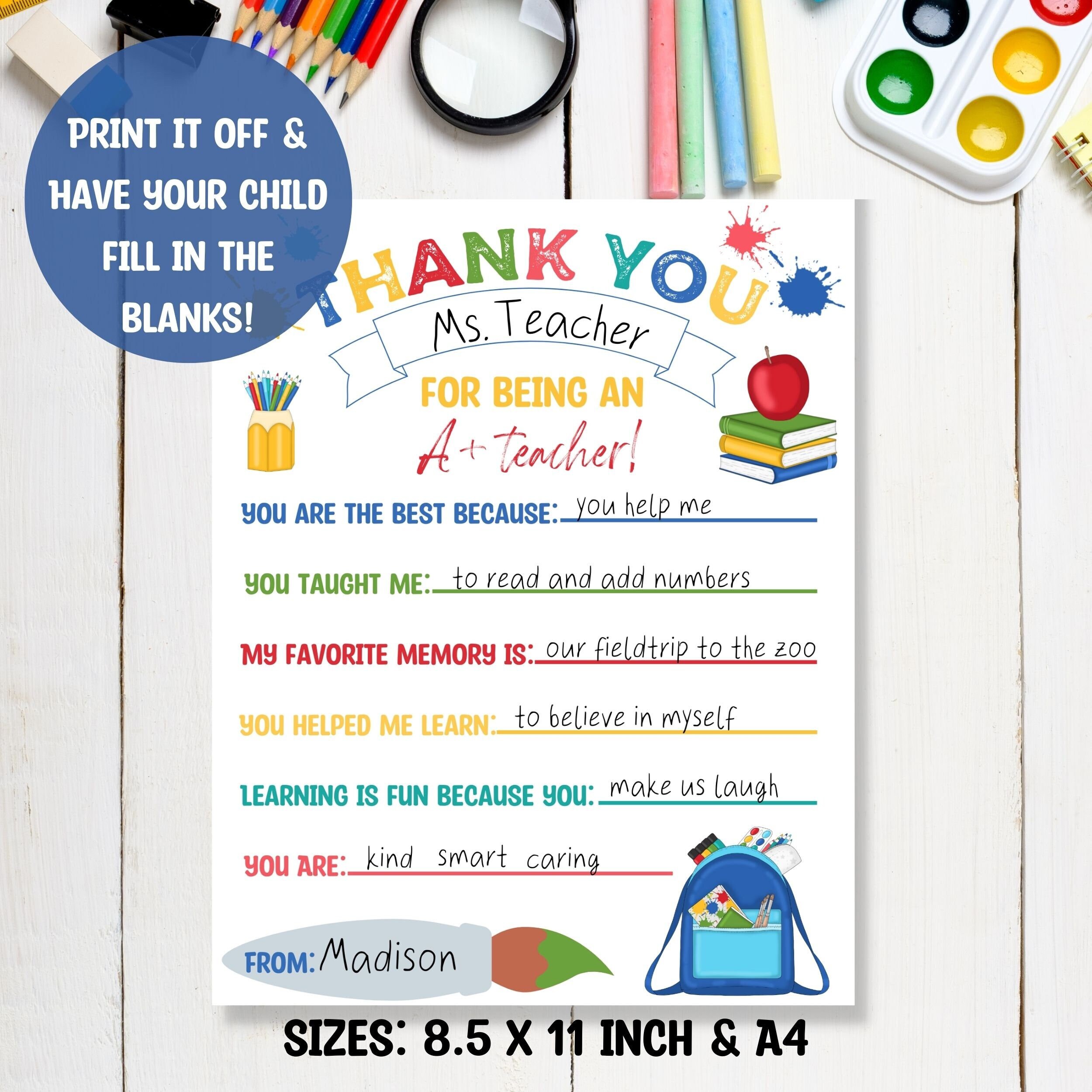 Teacher Appreciation Printable, I Love My Teacher Because Print, All ...