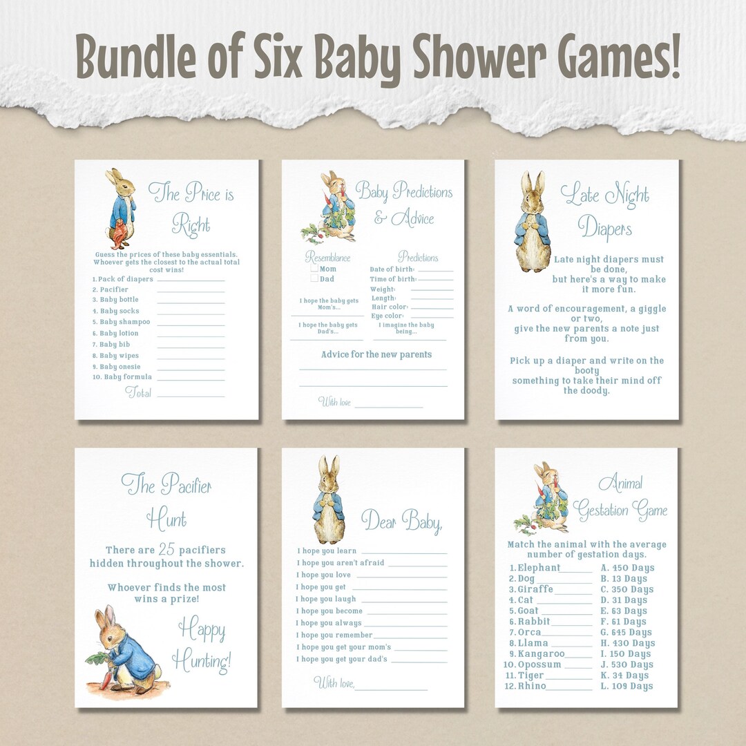 Six Editable Peter Rabbit Baby Shower Games, Canva Template, Peter