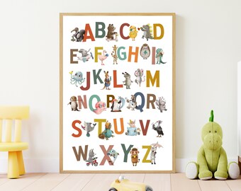 Póster imprimible del alfabeto de animales del zoológico, póster del alfabeto, arte de pared para guardería, cuadro del alfabeto para el aula, decoración de la sala de juegos, arte de pared para niños