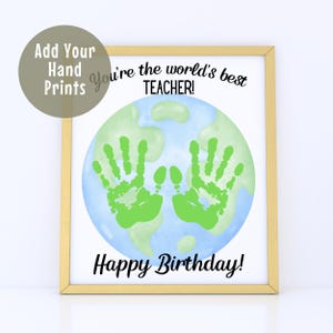 印刷可能なハッピーバースデーの先生の手形アート、カスタム誕生日ギフト、子供から保護者への手形の記念品、世界最高の先生