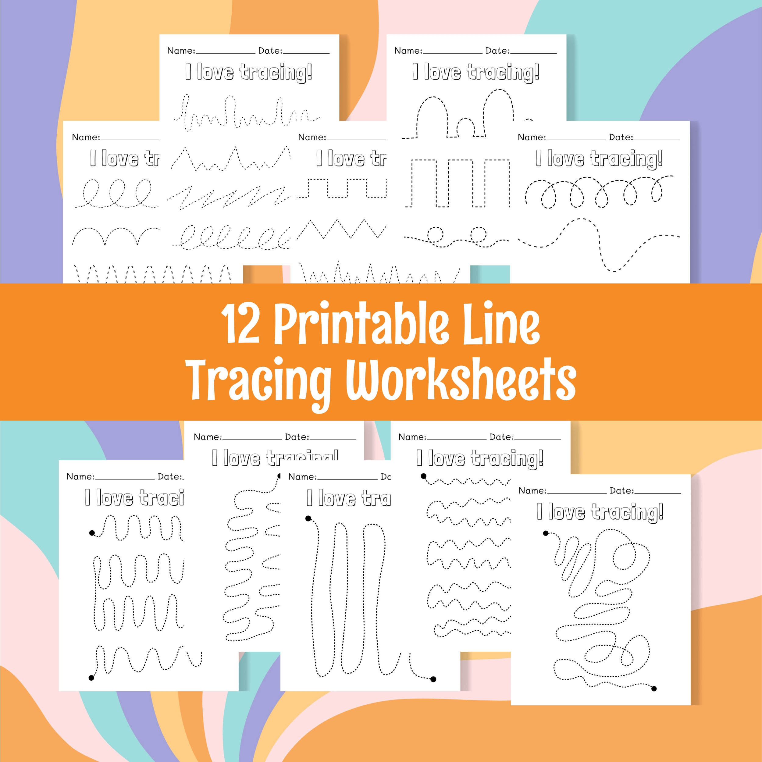 12 pagine di fogli di lavoro stampabili per la scuola materna con tracciamento delle linee, download digitale, apprendimento del tracciamento per l&#39;asilo nido, pratica della scrittura a mano