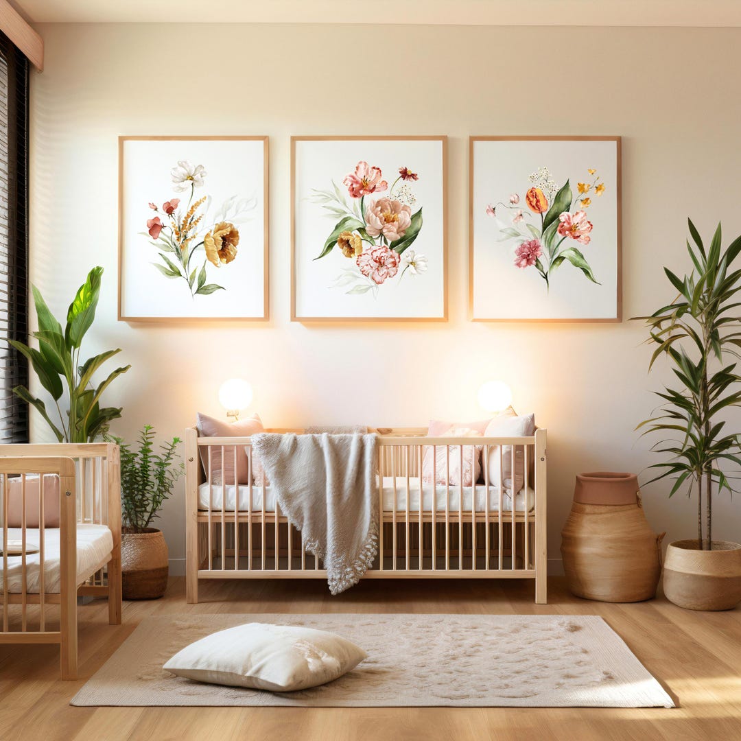 Printable Flower Wall Art for Baby Girl Nursery, Floral Art Set of 3 ...