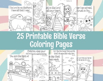 Peut inclure: Un ensemble de 25 pages à colorier imprimables mettant en scène des versets bibliques. Chaque page comprend une illustration en noir et blanc et un verset biblique. Les illustrations comprennent un papillon, un mouton, un bateau, une baleine, un château, un champignon, une fille sur une balançoire et une fourmi.