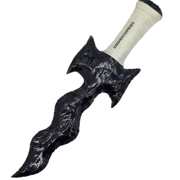 Handcrafted Obsidian Curved Blade with Thread Handle | Unique 12" Decorative Collectible.