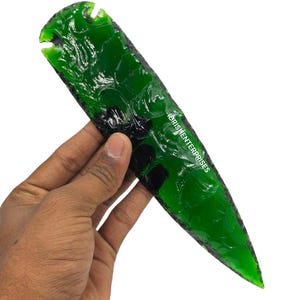 Large Handcrafted Green Obsidian Arrowhead,Expertly Knapped Stone Blade,Man Handmade,Obsidian Arrowhead,9-10&quot; inches.