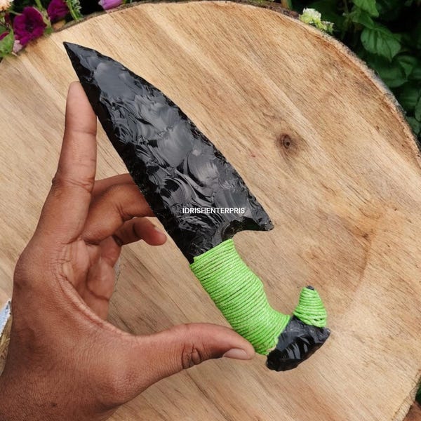 Obsidian Lava Blade Knife, Green Thread Handle, 8" Athame Dagger