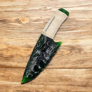 Handcrafted Green Obsidian Knife,Artisan Flint Knapped Blade with Thread Handle,Unique Collectible Hunting Dagger,Handmade Gift for Him.