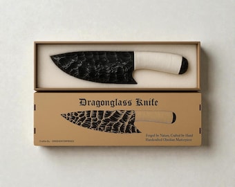 Coltello in ossidiana da 25 cm (10 pollici) realizzato a mano, con scatola regalo in legno, lama in lava con filo bianco, regalo per vichinghi.