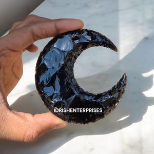 Handcrafted Obsidian Crescent Moon Carving (90mm) – Healing Crystal, Spiritual Decor, Unique Gift Large Handmade Moon Obsidian Moon