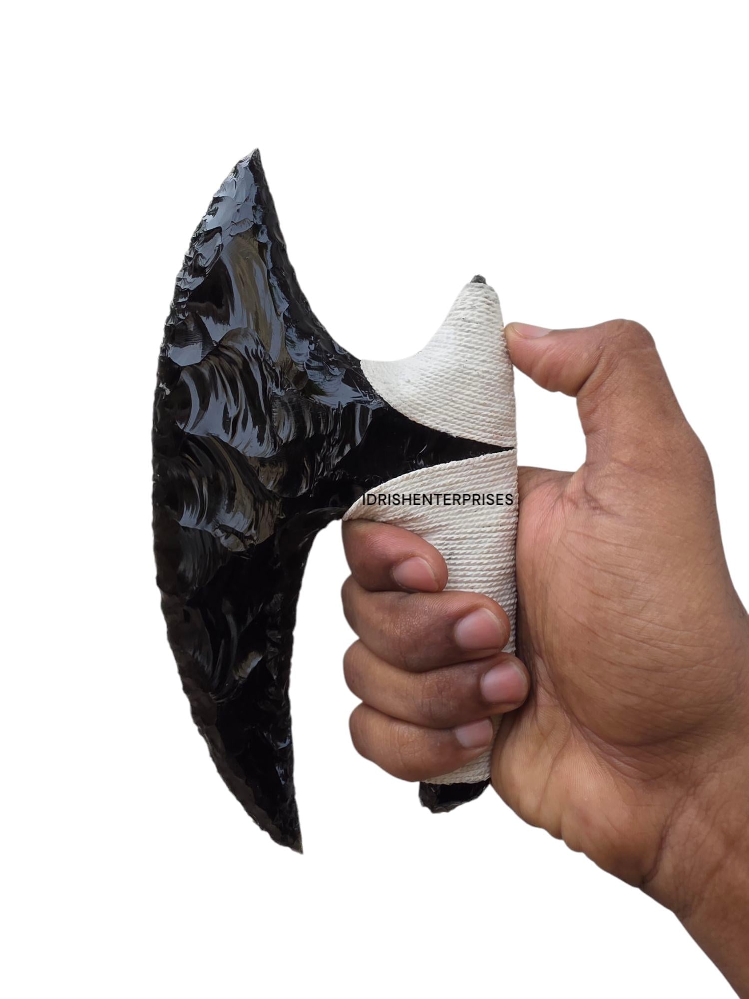 Handcrafted Obsidian Axe: Artisan Thread-wrapped Handle, Ritual